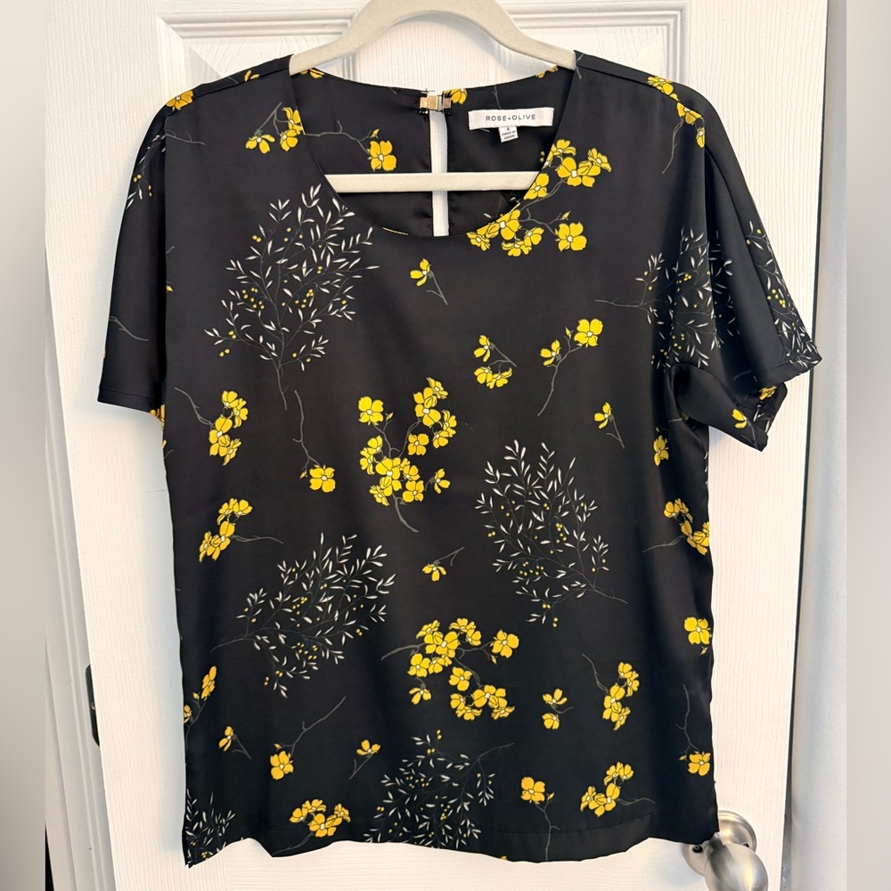 Rose & Olive Black Top with Yellow Floral Design